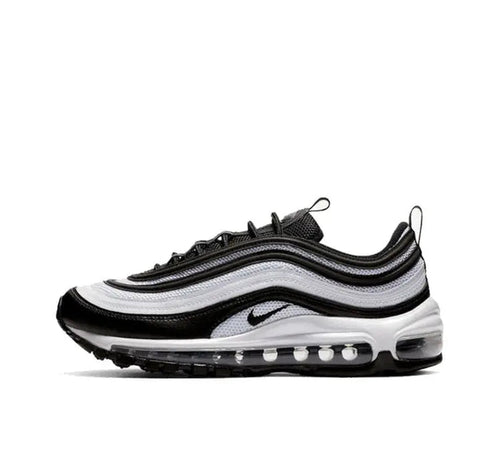 Nike Air Max 97 sneakers in black with white wavy overlays and visible Air unit