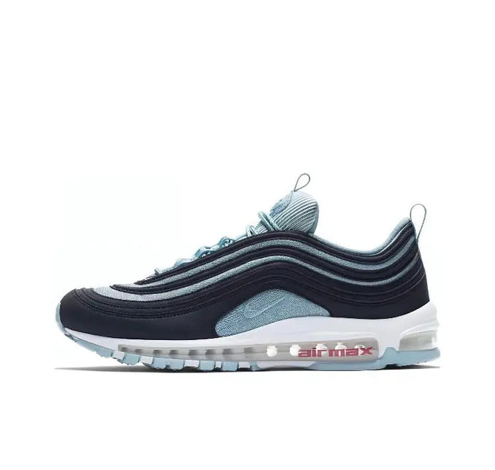 Nike Air Max 97 sneakers with dark upper, light blue accents, and Air Max sole