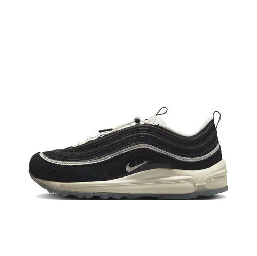 Nike Air Max 97 sneaker, black knit upper with white midsoles and lace-up