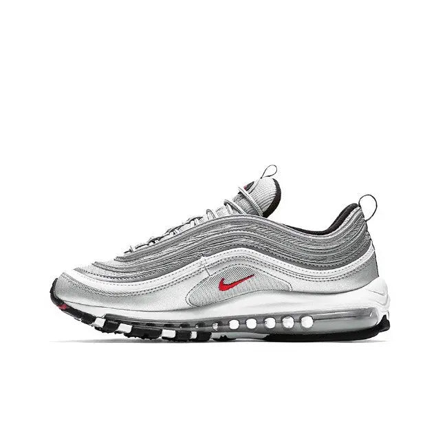 Metallic silver running sneaker with black lining, red swoosh, and Air Max bubble sole