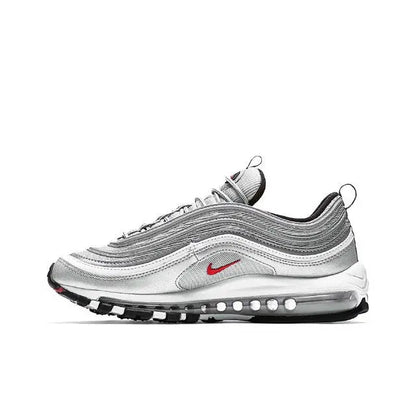 Metallic silver running sneaker with black lining, red swoosh, and Air Max bubble sole