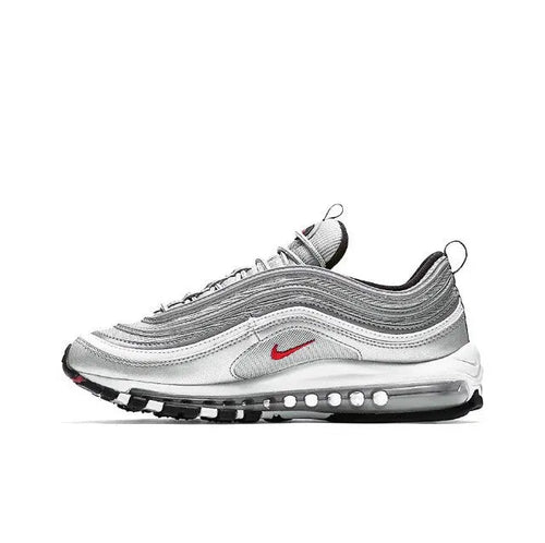 Metallic silver running sneaker with black lining, red swoosh, and Air Max bubble sole
