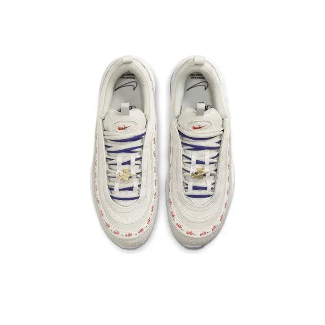 Off-white running sneaker pair showing lace-up top with blue laces and red branding