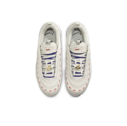 Off-white running sneaker pair showing lace-up top with blue laces and red branding