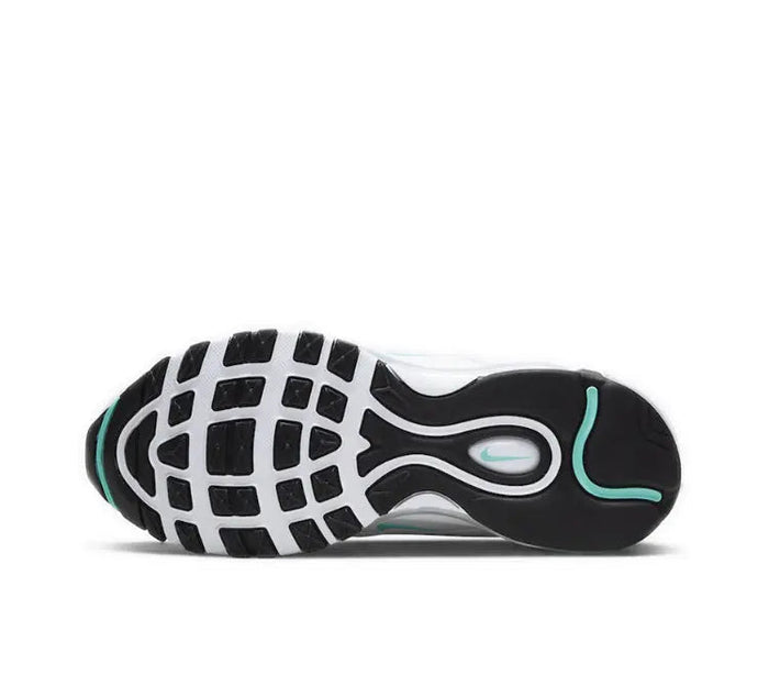 Air Max 97 sneaker outsole view with black grid tread and teal trim