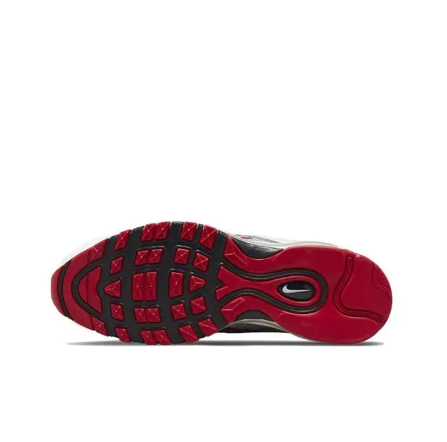 Air Max 97 sneakers outsole view, red tread with dark rubber detailing