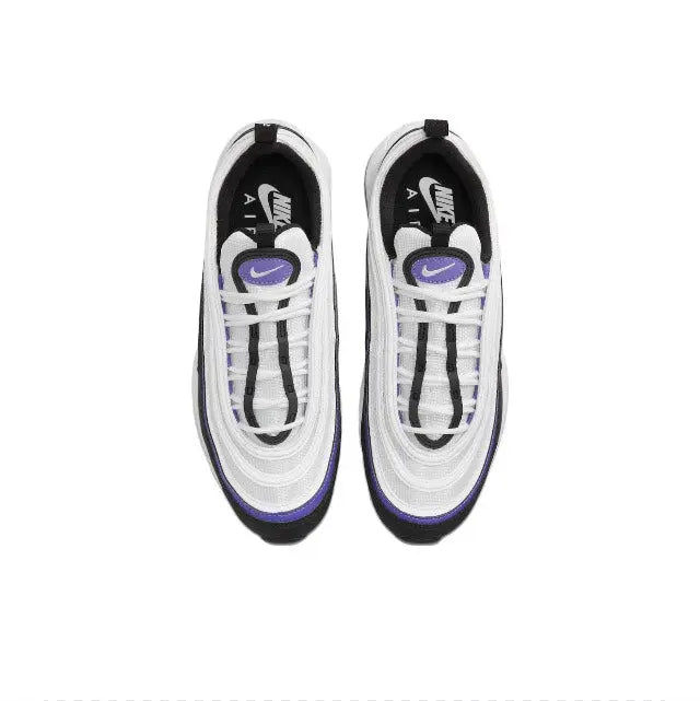 Low-top running sneakers, white mesh with purple Swoosh, black heel and lace trim