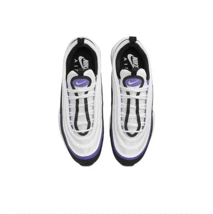 Low-top running sneakers, white mesh with purple Swoosh, black heel and lace trim