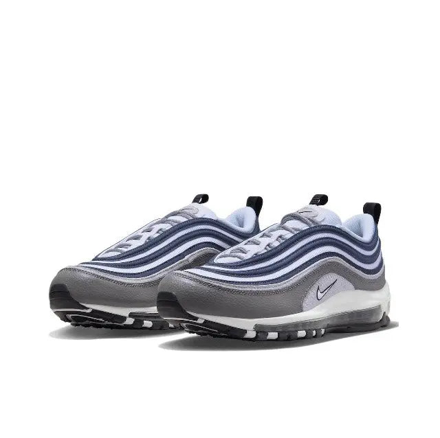Nike Air Max 97 sneakers, pair view, gray and navy wavy stripes with mesh upper