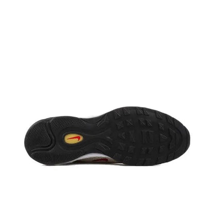 Nike Air Max 97 outsole with dark rubber tread and yellow-red logo panel