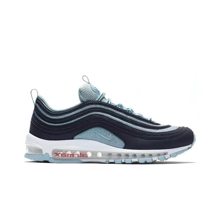 Nike Air Max 97 sneakers, dark navy with light blue panel, visible Air Max cushioning