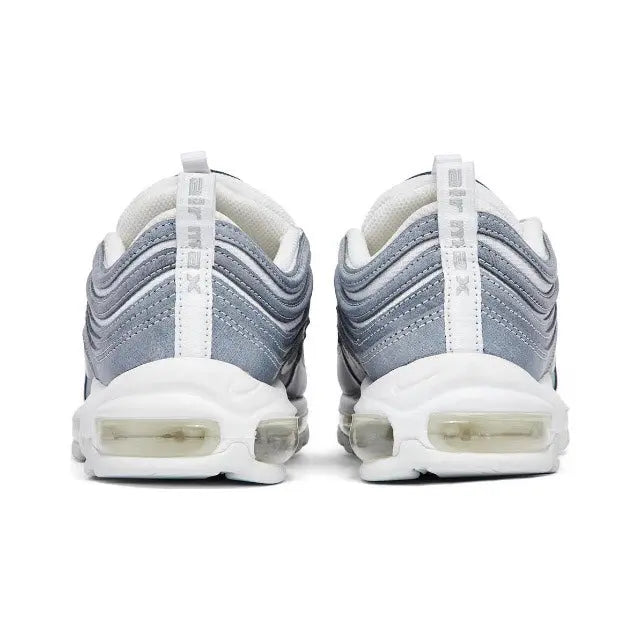 Air Max 97 sneaker heel view in light blue/gray with visible Air unit