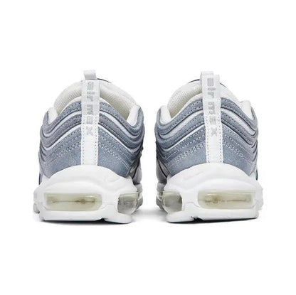 Air Max 97 sneaker heel view in light blue/gray with visible Air unit