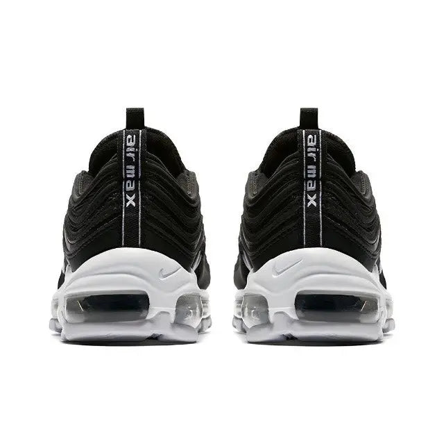 Black low-top sneaker heel view with Air sole cushioning and lace pull tabs