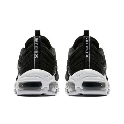 Black low-top sneaker heel view with Air sole cushioning and lace pull tabs