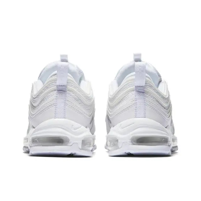 Nike Air Max 97 rear view, white/gray uppers with padded collar and heel Air unit.