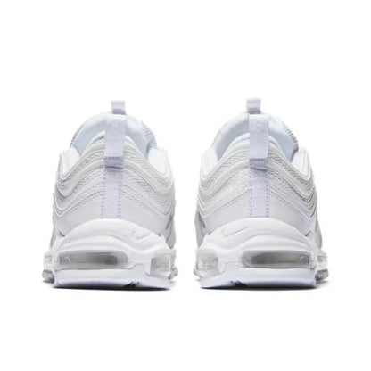 Nike Air Max 97 rear view, white/gray uppers with padded collar and heel Air unit.