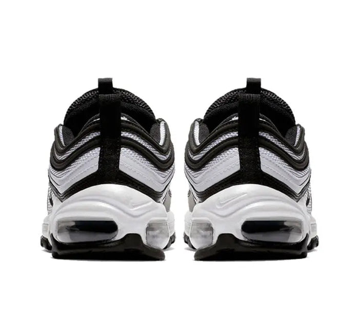 Nike Air Max 97 sneakers rear view with black mesh collar, white midsole and Air window