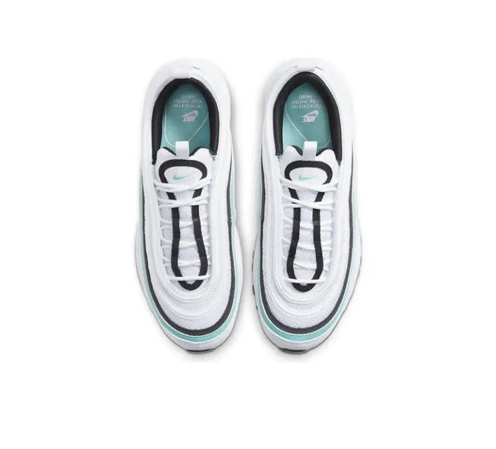 Air Max 97 sneaker pair, white uppers with teal lining and black lace panels
