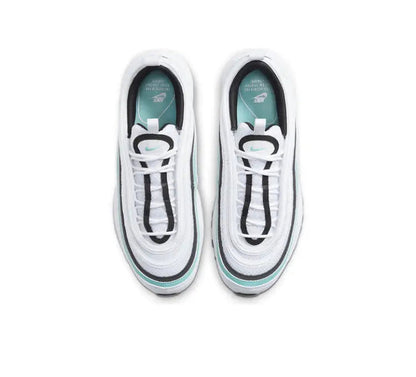 Air Max 97 sneaker pair, white uppers with teal lining and black lace panels