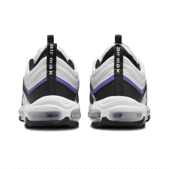 Back view running sneakers, black collar, white panels with purple stripe, air sole