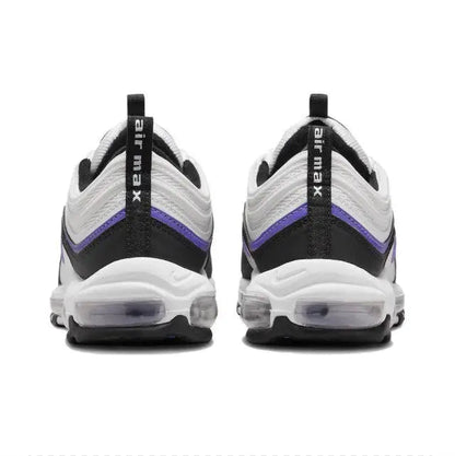 Back view running sneakers, black collar, white panels with purple stripe, air sole