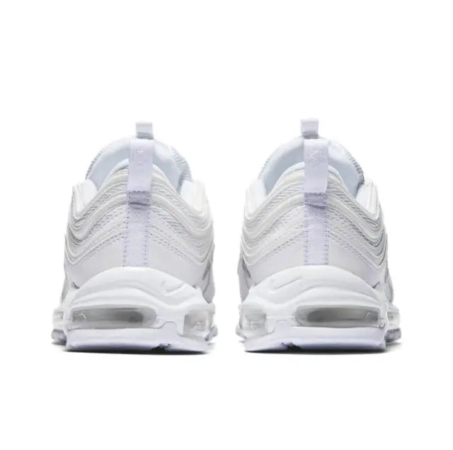 White Nike Air Max 97 sneakers, rear view with Air cushioning and padded collar.