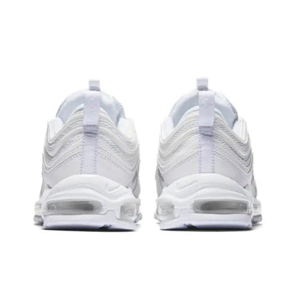 White Nike Air Max 97 sneakers, rear view with Air cushioning and padded collar.