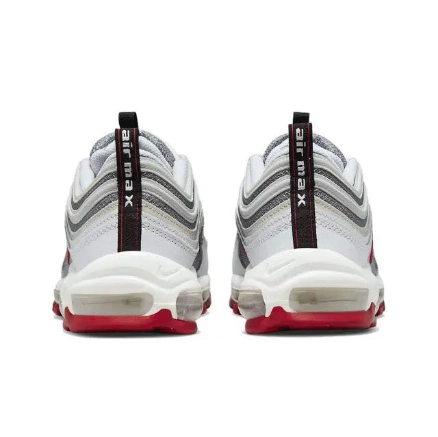 Air Max 97 sneakers heel view, white/gray uppers with red heel and sole