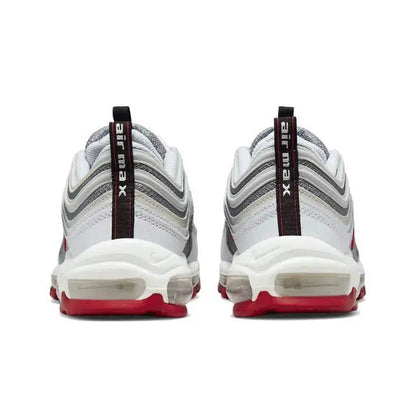 Air Max 97 sneakers heel view, white/gray uppers with red heel and sole