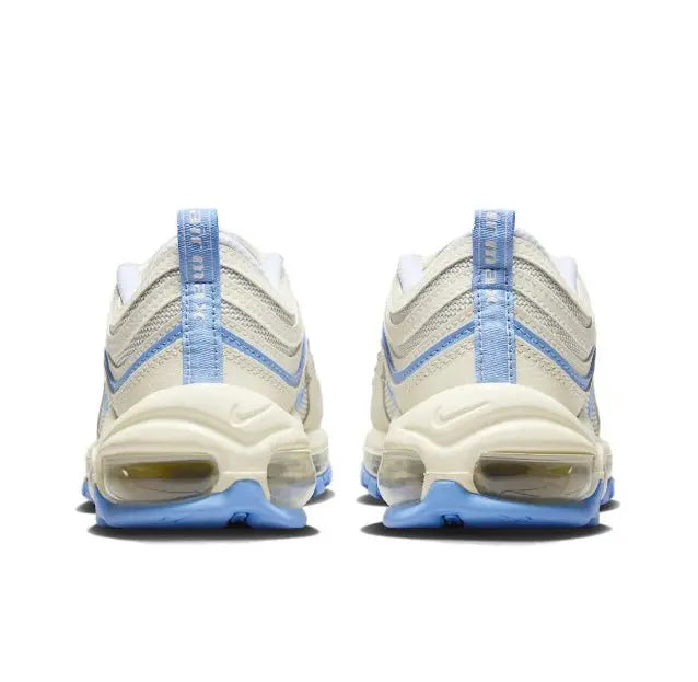 Nike Air Max 97 sneaker rear view in sail with blue heel pull and air sole