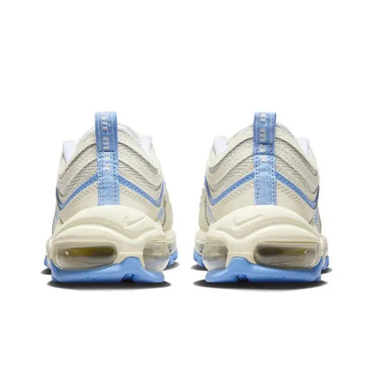 Nike Air Max 97 sneaker rear view in sail with blue heel pull and air sole