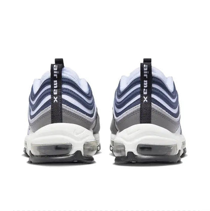 Nike Air Max 97 heel view with Air cushioning, black pull tab, and striped back panel