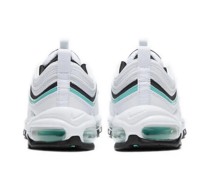 Air Max 97 sneaker heel view, white with teal window cushioning and black detail