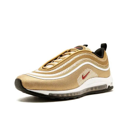 Nike Air Max 97 sneaker, tan upper with striped overlays, red swoosh, lace-up