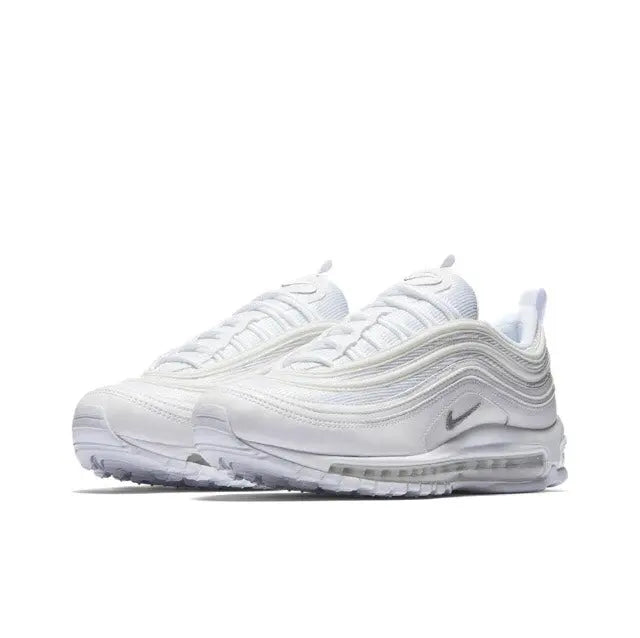 White Nike Air Max 97 sneaker with side Swoosh, lace-up, and textured Air sole.