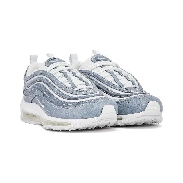 Air Max 97 sneaker side view in light blue/gray with lace-up and white midsole