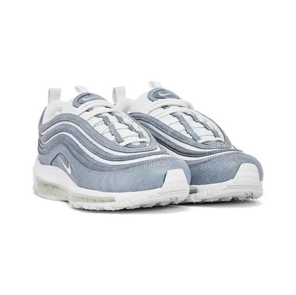 Air Max 97 sneaker side view in light blue/gray with lace-up and white midsole