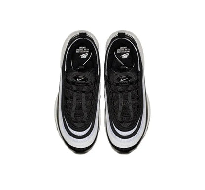 Nike Air Max 97 sneakers pair top view in black and white with swoosh logos