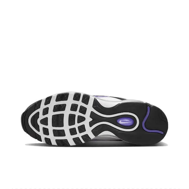 Outsole view running sneakers, black tread with white grid and purple accents