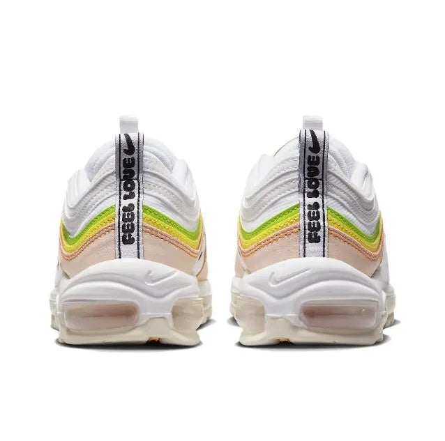Running sneakers heel view, white mesh with neon green and brown stripe accents