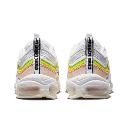 Running sneakers heel view, white mesh with neon green and brown stripe accents