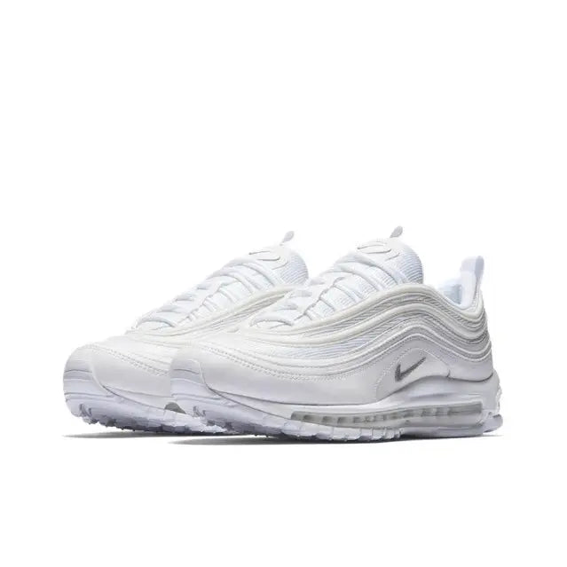 Nike Air Max 97 low-top sneakers, white/gray rippled panels, cushioned Air sole.