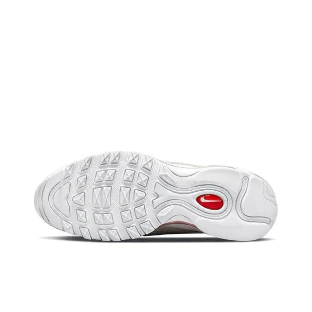 White rubber outsole with textured tread and red logo detail