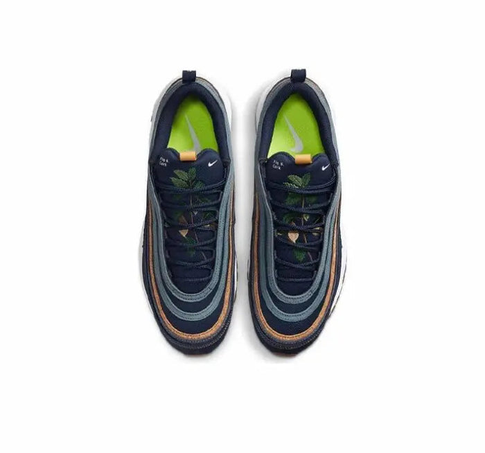 Navy running shoes with neon green inner lining, white midsole, tan lace tabs