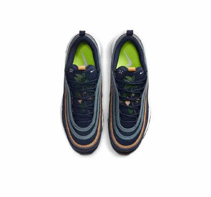 Navy running shoes with neon green inner lining, white midsole, tan lace tabs
