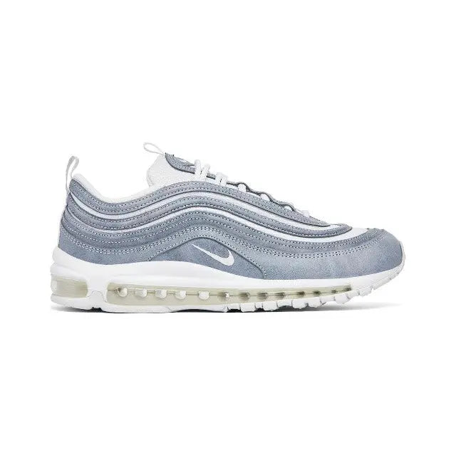 Air Max 97 sneaker front view in light blue/gray with Nike swoosh and lace-up