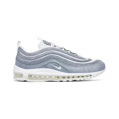 Air Max 97 sneaker front view in light blue/gray with Nike swoosh and lace-up