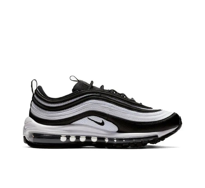 Nike Air Max 97 sneakers side view in black with white stripes and clear Air midsole