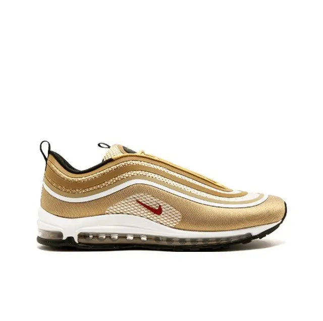 Nike Air Max 97 running shoe, tan mesh with white stripes and red swoosh, black collar